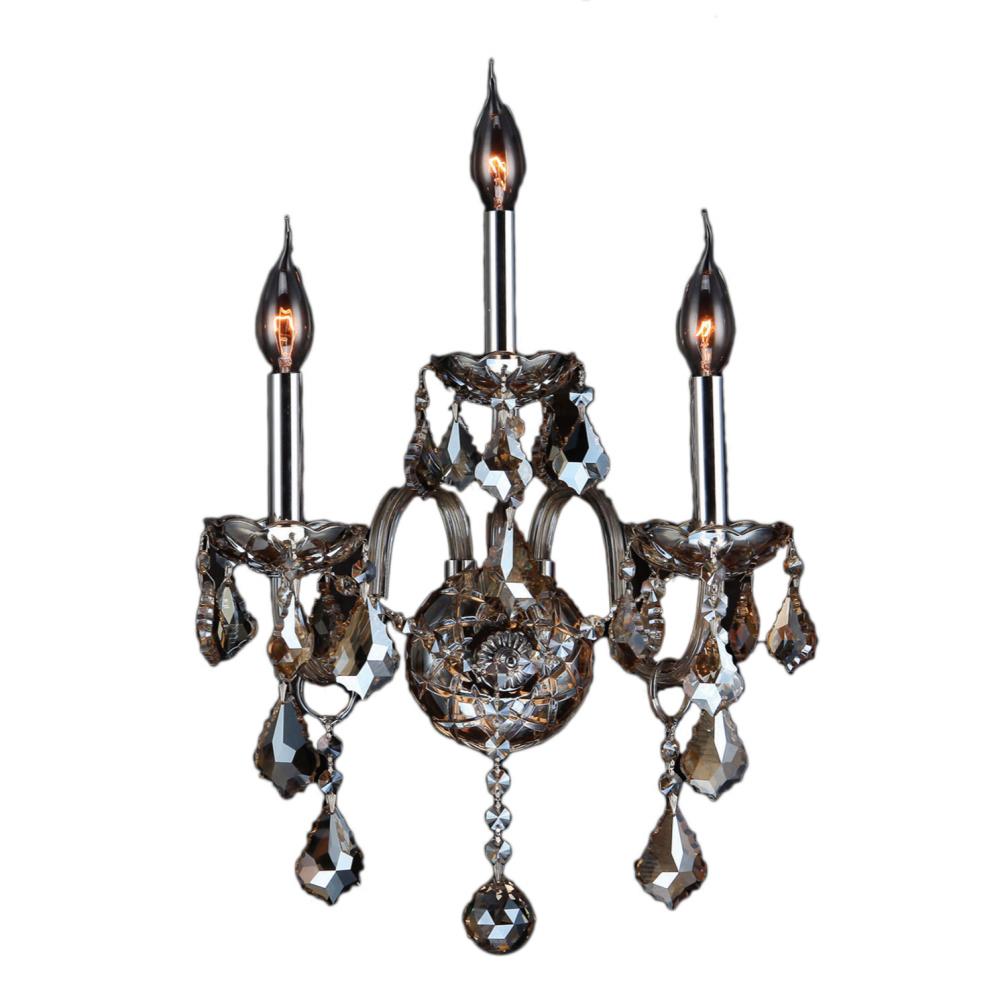 Provence 3-Light Chrome Finish and Golden Teak Crystal Candle Wall Sconce Light 13 in. W x 18 in. H