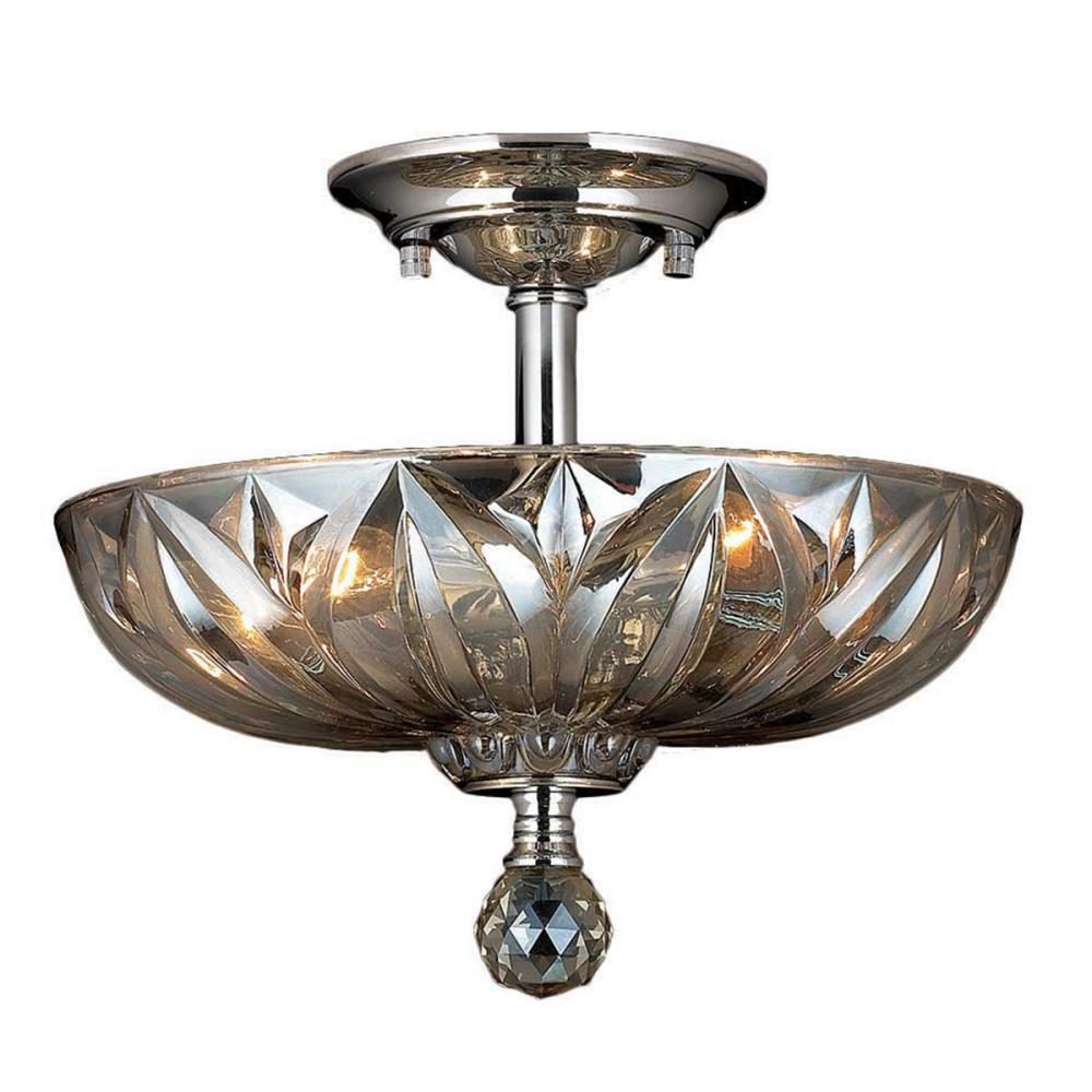 Mansfield 3-Light Chrome Finish and Golden Teak Crystal Bowl Semi Flush Mount Ceiling Light 12 in. S