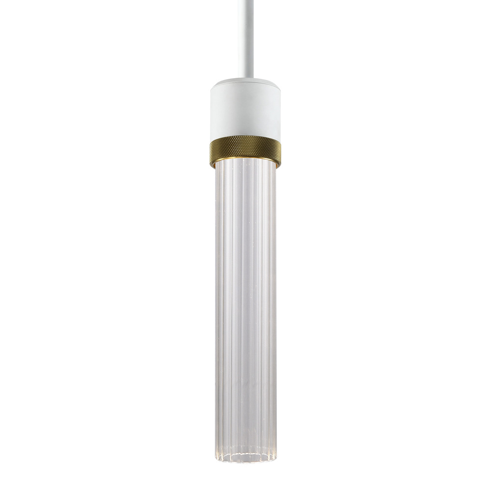 3" LED 3CCT Cylindrical Pendant Light, 12" Fluted Glass and Matte White with Aged Brass Fini