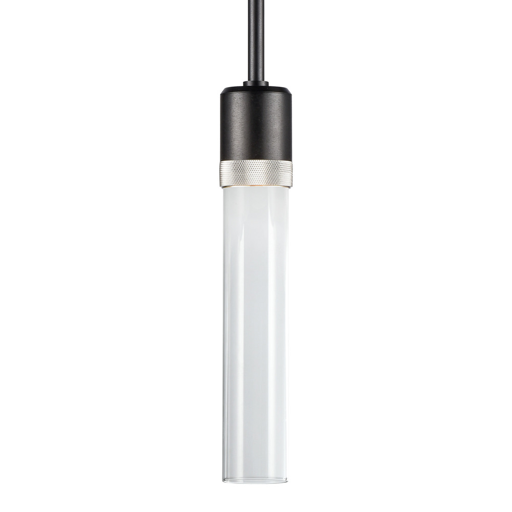 3" LED 3CCT Cylindrical Pendant Light, 12" Clear Glass and Satin Brushed Black with Nickel F