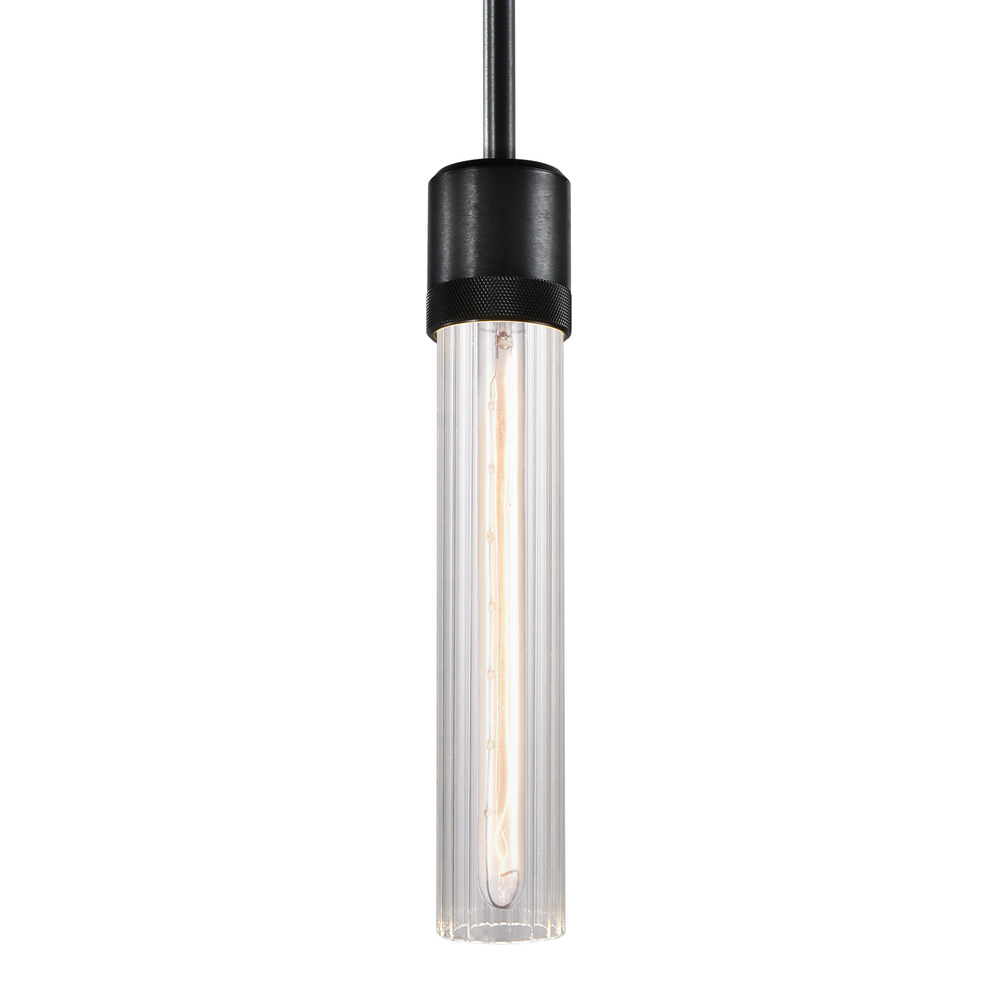 3" E26 Cylindrical Pendant Light, 12" Fluted Glass and Satin Brushed Black Finish