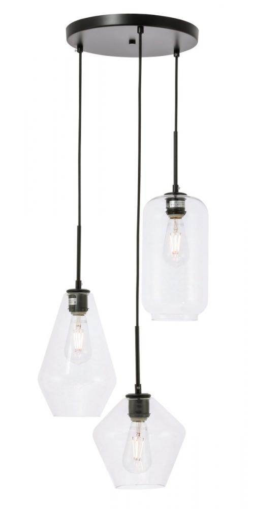 Gene 3 light Black and Clear glass pendant