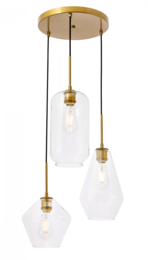 Gene 3 light Brass and Clear glass pendant