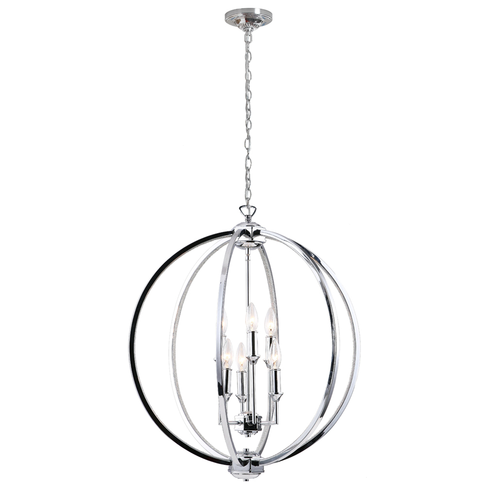 6 Light Chandelier With Crystal Studded Banding, Polished Chrome Finish